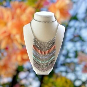 NWOT Long Boho Silver Tone Multicolor Gypsy Beaded Chain Mail Necklace